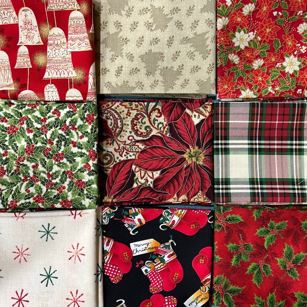 Christmas / Holiday 9 Fat Quarters Fabric Metallics & Quilt Shop Quality lot #6
